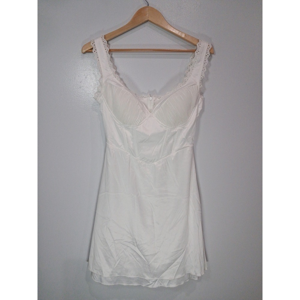 Parthea White Corset Mini Dress Lace Trim Pleated Bust Satin Size L NEW